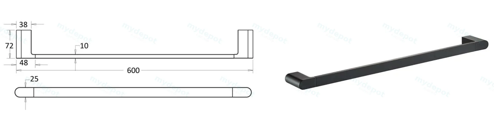 Flores Single Towel Rail 600 mm(Matt Black) view 2