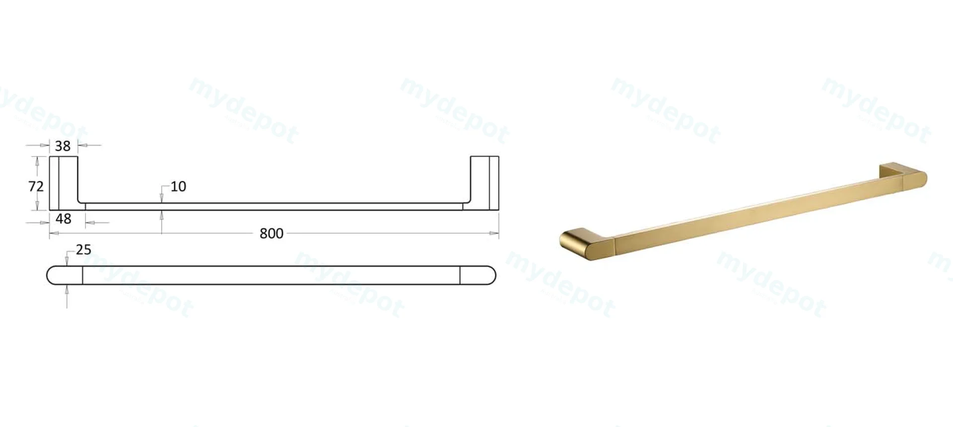 Flores Single Towel Rail 800 mm(Brushed Gold) view 2