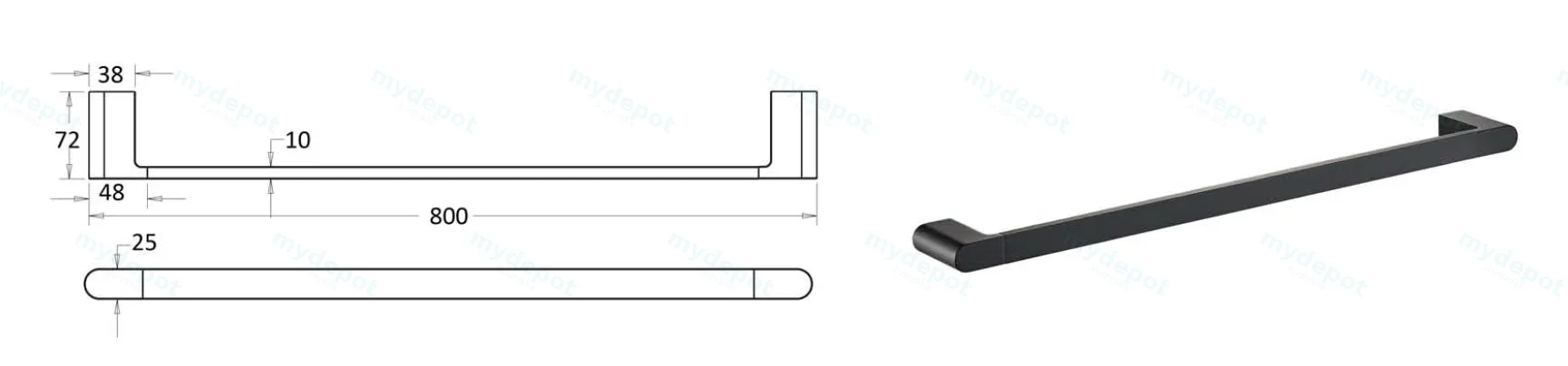 Flores Single Towel Rail 800 mm(Matt Black) view 2
