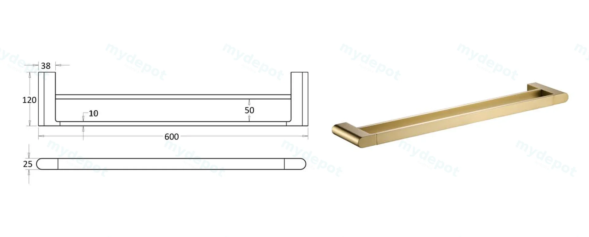 Flores Double Towel Rail 600 mm(Brushed Gold) view 2