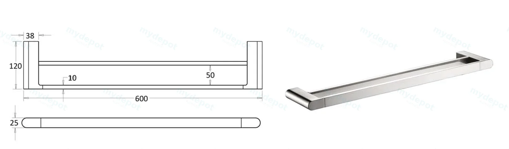 Flores Double Towel Rail 600 mm(Brushed Nickel) view 2