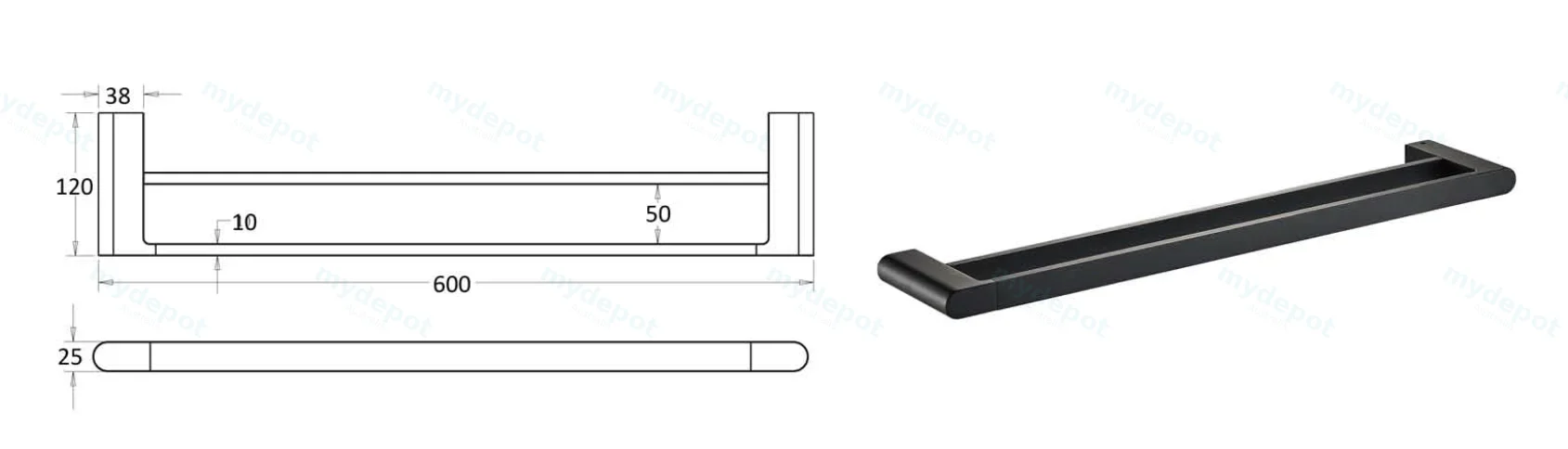 Flores Double Towel Rail 600 mm(Matt Black) view 2