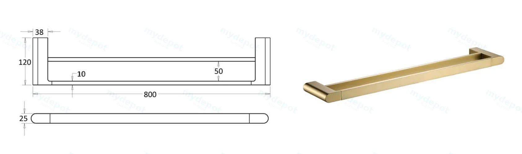 Flores Double Towel Rail 800 mm(Brushed Gold) view 2