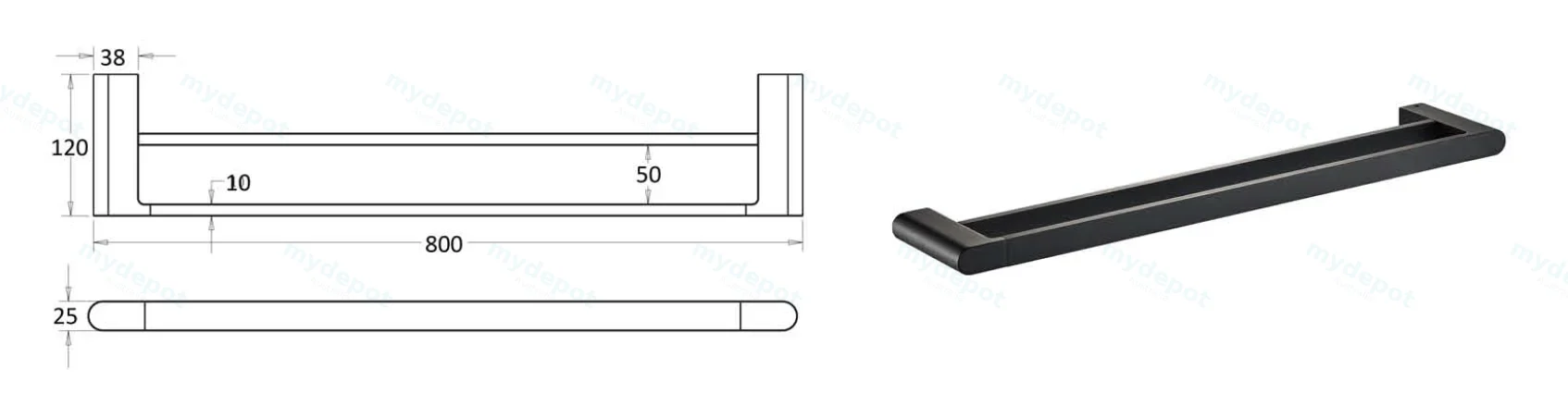 Flores Double Towel Rail 800 mm(Matt Black) view 2
