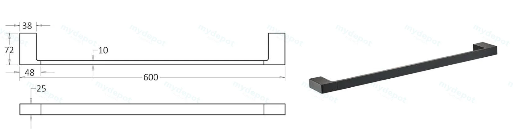 Ceram Single Towel Rail 600 mm(Matt Black) view 2