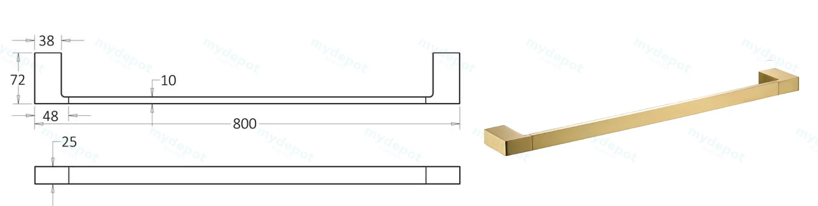 Ceram Single Towel Rail 800 mm(Brushed Gold) view 2