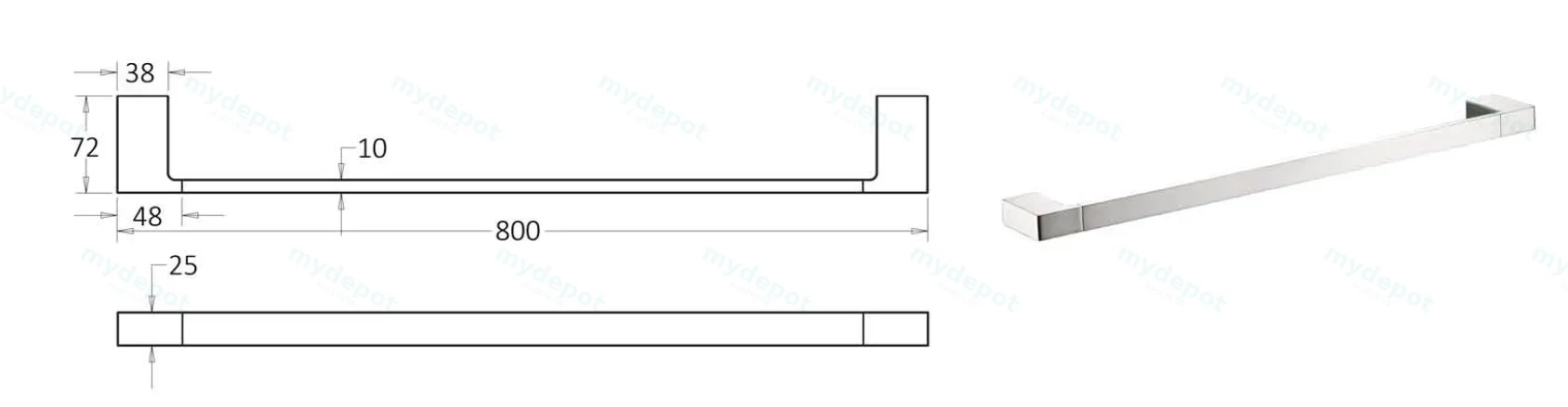 Ceram Single Towel Rail 800 mm(Brushed Nickel) view 2