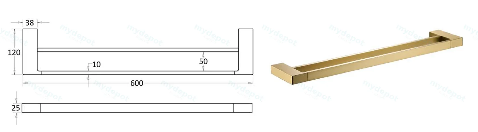 Ceram Double Towel Rail 600 mm(Brushed Gold) view 2
