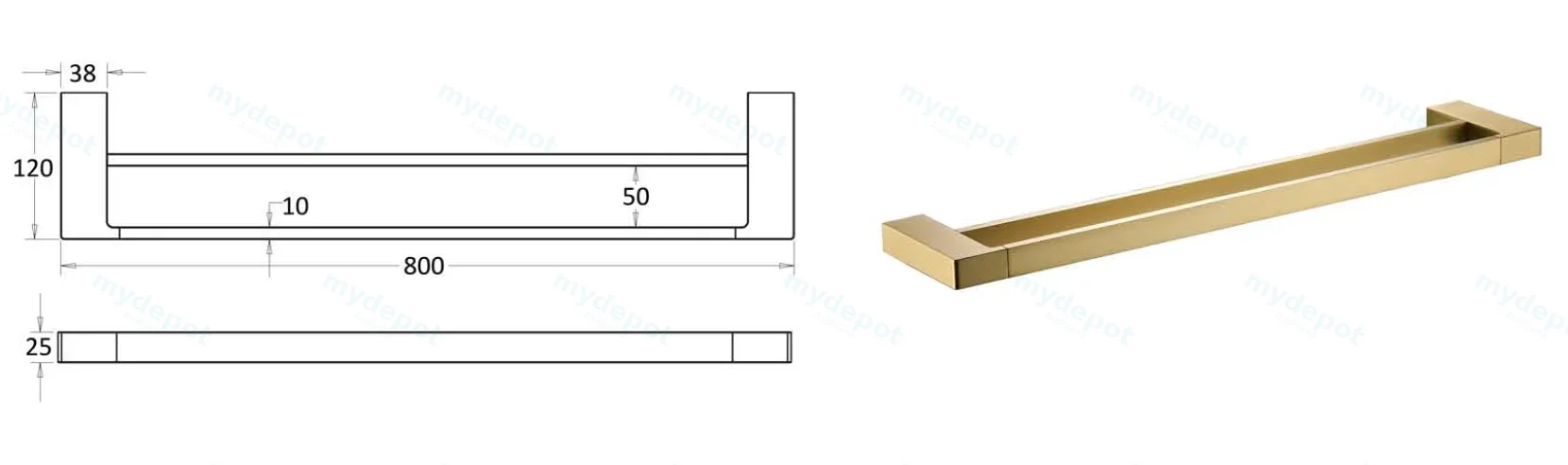 Ceram Double Towel Rail 800 mm(Brushed Gold) view 2