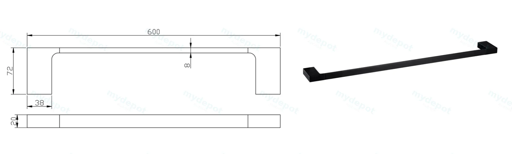 Eden Single Towel Rail 600 mm(Matt Black) view 2