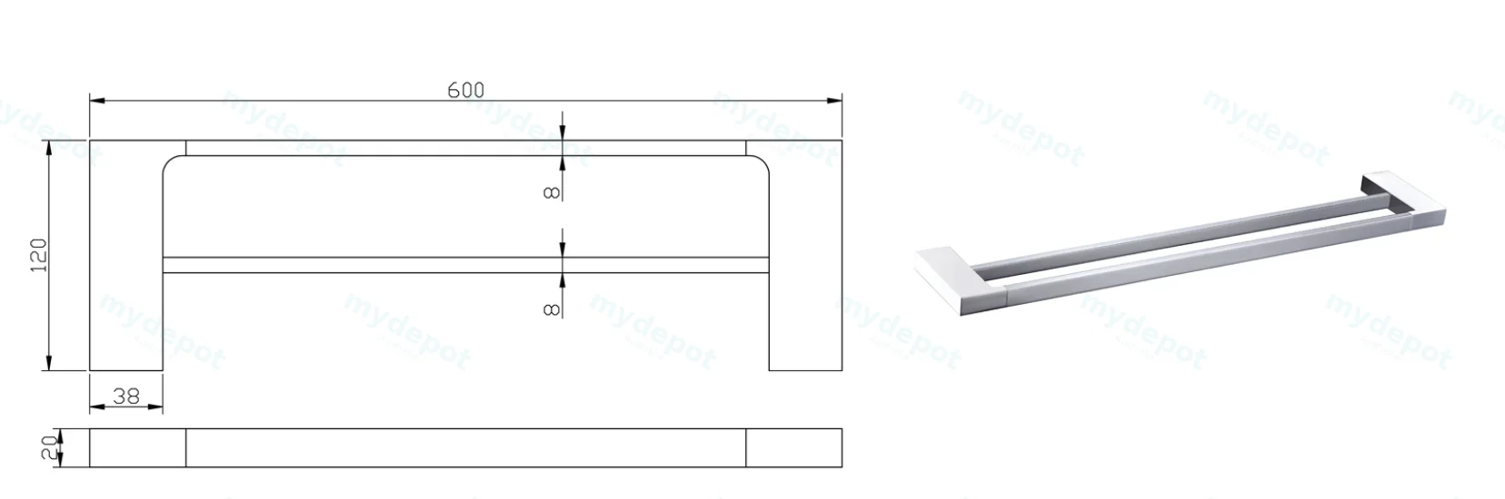 Eden Double Towel Rail 600 mm(Chrome) view 2