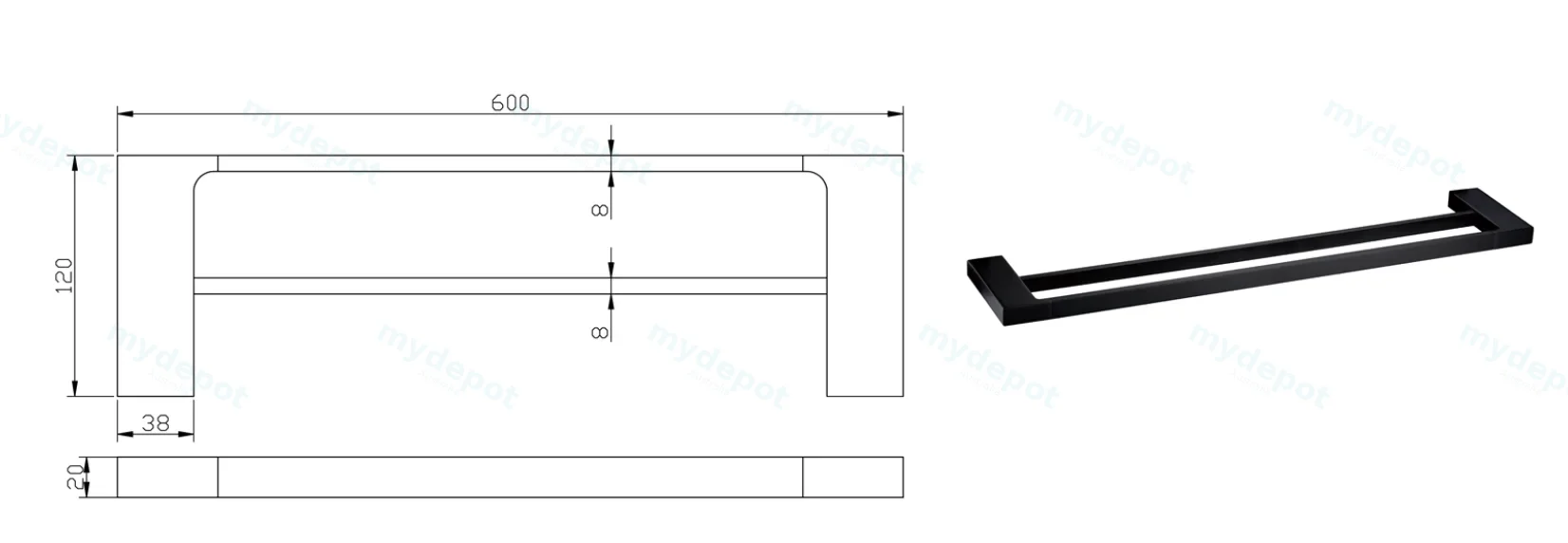 Eden Double Towel Rail 600 mm(Matt Black) view 2