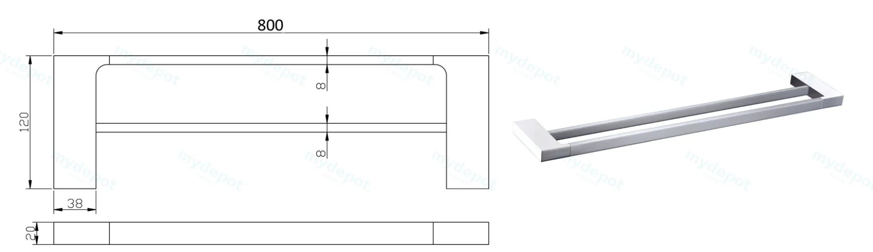 Eden Double Towel Rail 800 mm(Chrome) view 2