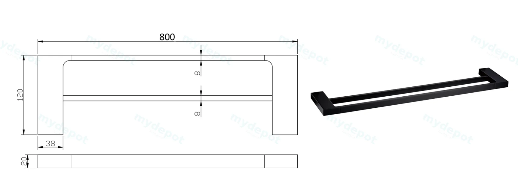 Eden Double Towel Rail 800 mm(Matt Black) view 2