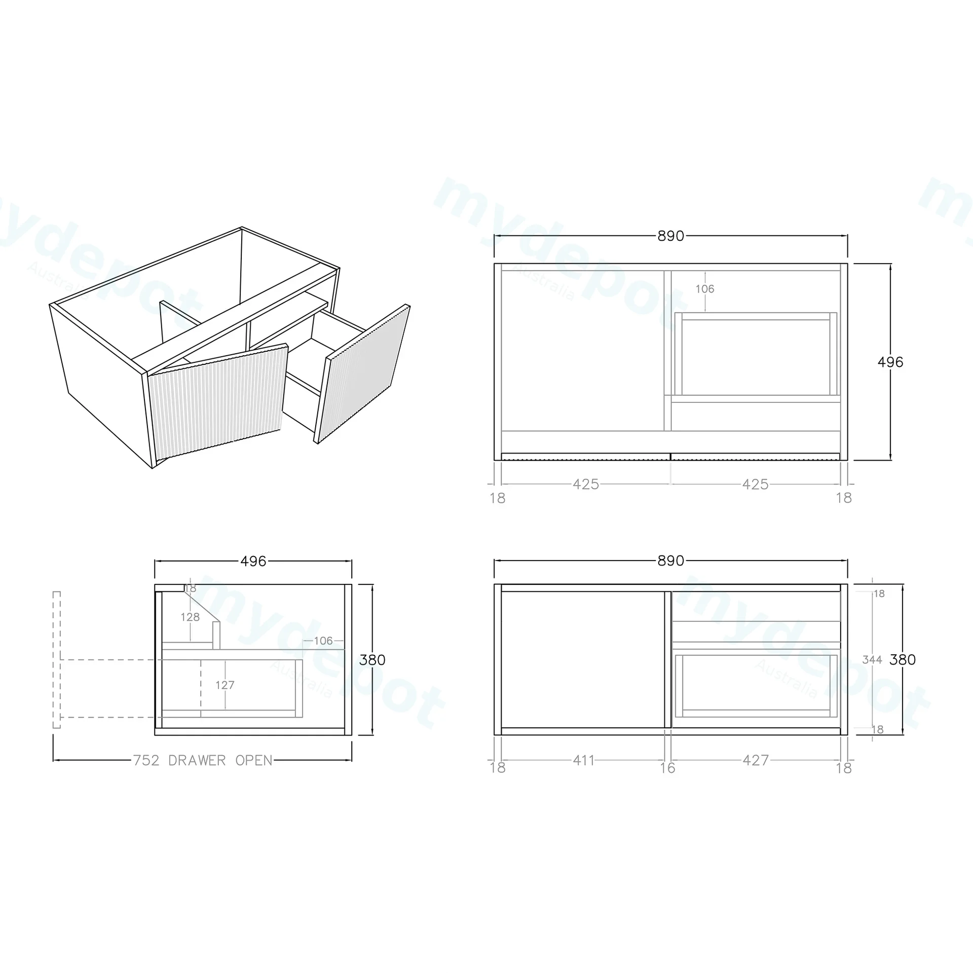 Kiama 900mm Prime Oak One Right Drawer One Left Door Wall Hung Vanity Cabinet Only view 3