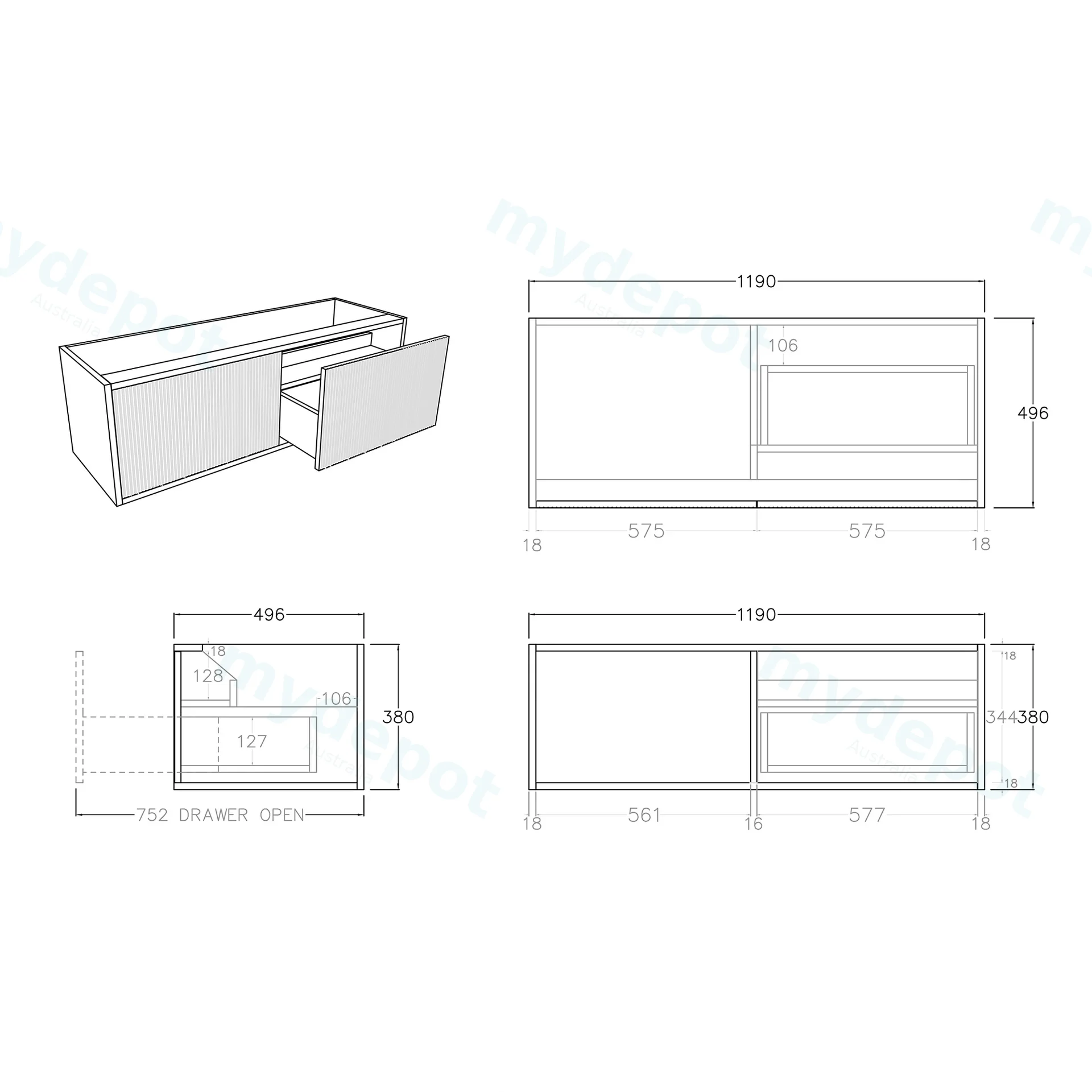 Kiama 1200mm Prime Oak One Right Drawer One Left Door Wall Hung Vanity Cabinet Only view 3