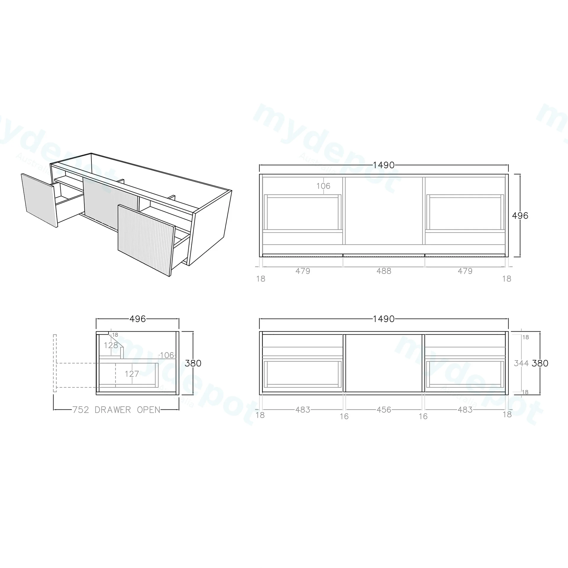 1500mm Kiama Prime Oak Middle Door Wall Hung Vanity Cabinet Only view 3
