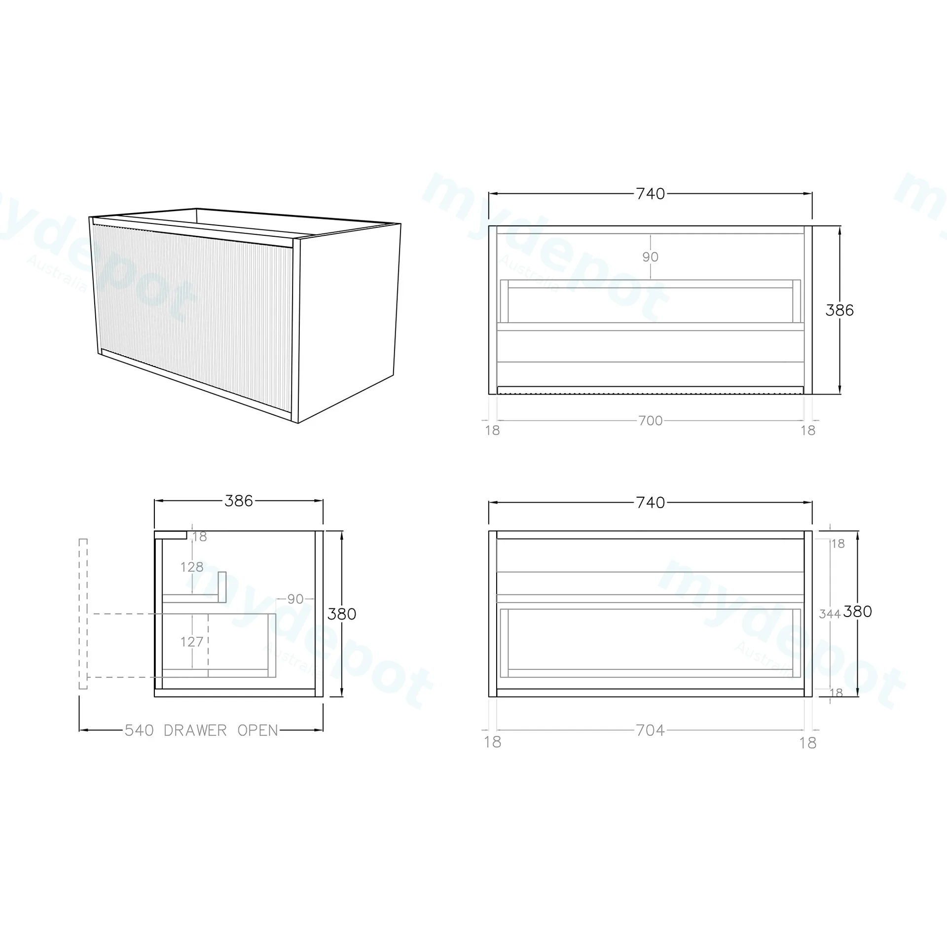 Kiama Slim 750mm Prime Oak One Drawer Narrow Wall Hung Vanity Cabinet Only view 3