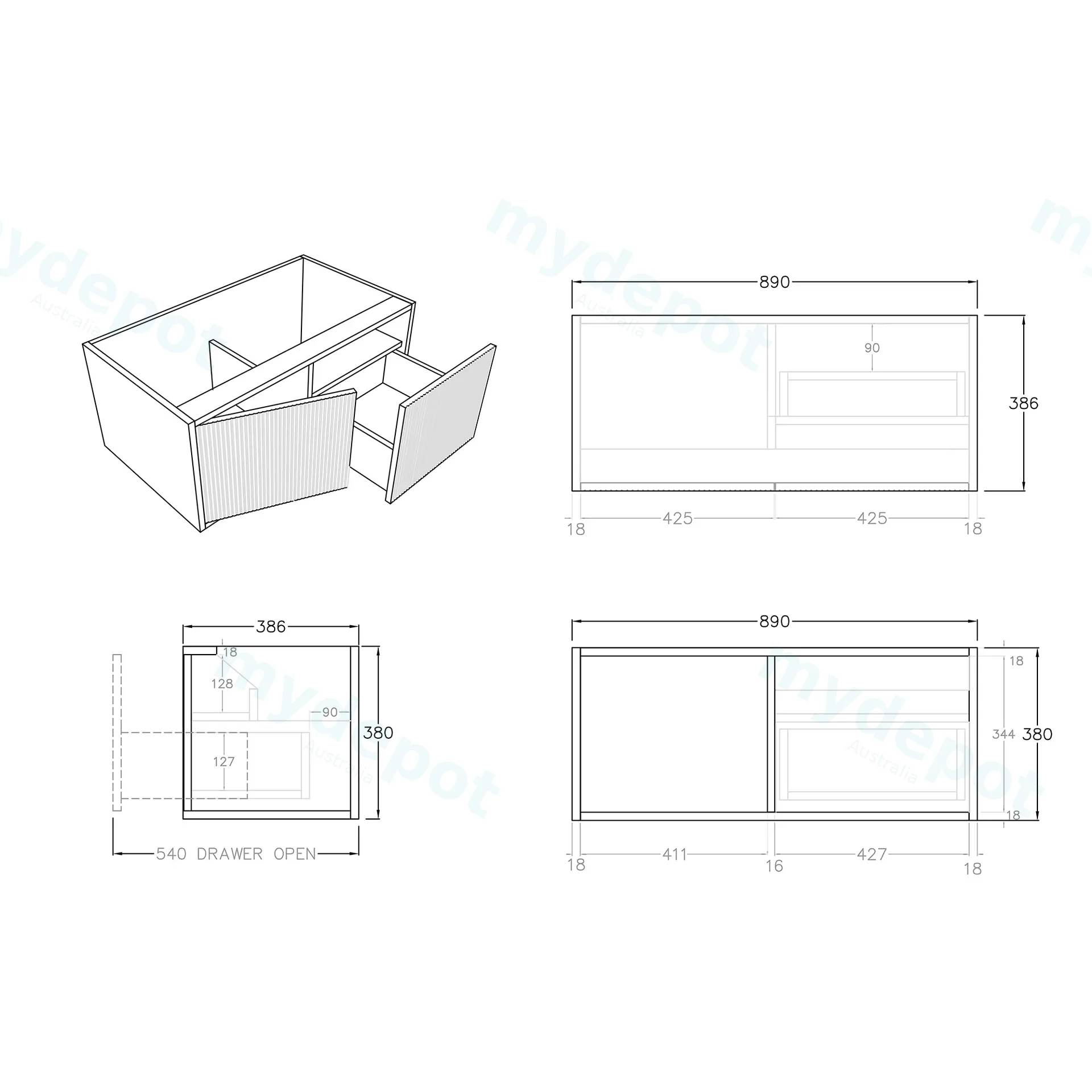 Kiama Slim 900mm Prime Oak One Right Drawer One Left Door Narrow Wall Hung Vanity Cabinet Only view 3