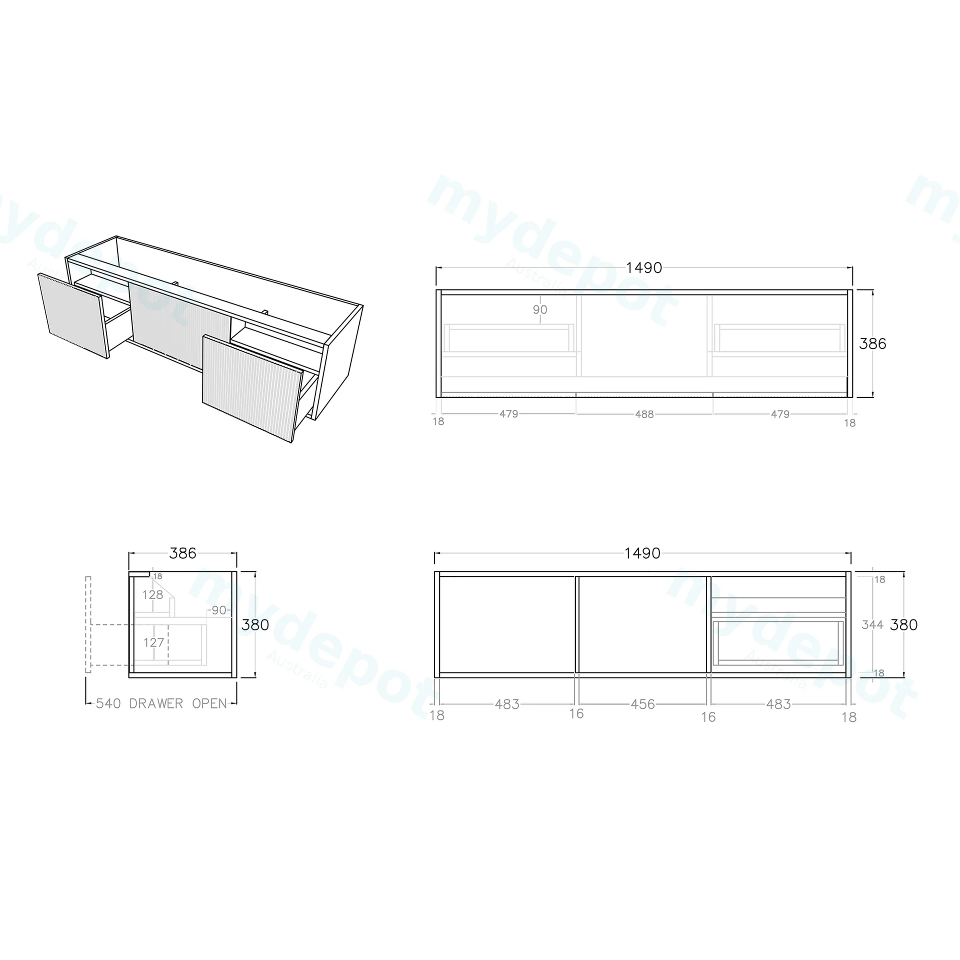1500mm Kiama Prime Oak Midder Door Narrow Wall Hung Vanity Cabinet Only view 3