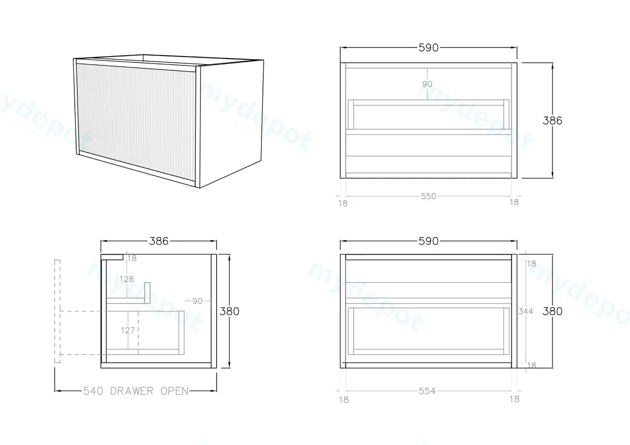 Kiama Slim 600mm Coastal Oak One Drawer Narrow Wall Hung Vanity Cabinet Only view 3