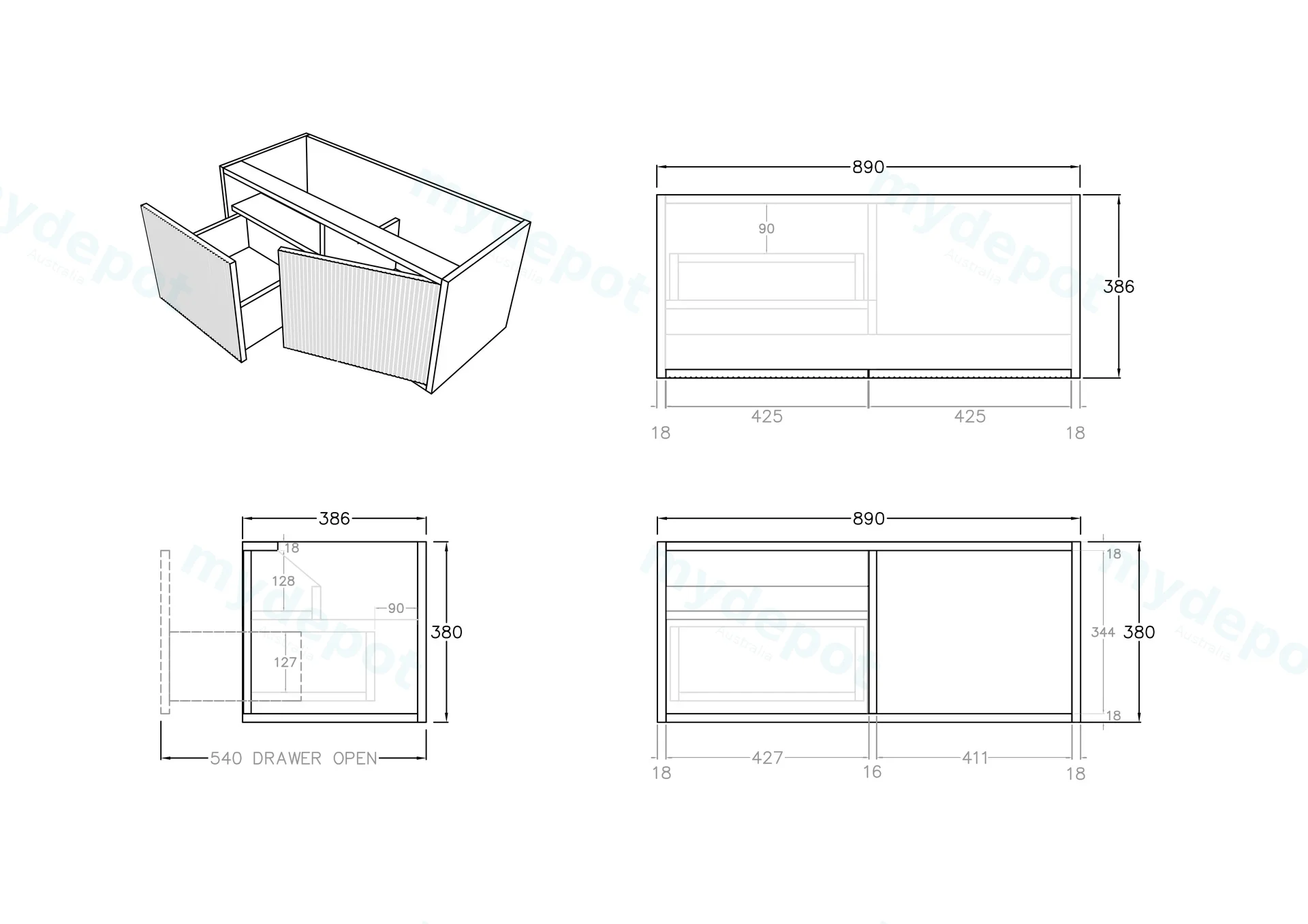 Kiama Slim 900mm Coastal Oak One Left Drawer One Right Door Narrow Wall Hung Vanity Cabinet Only view 3