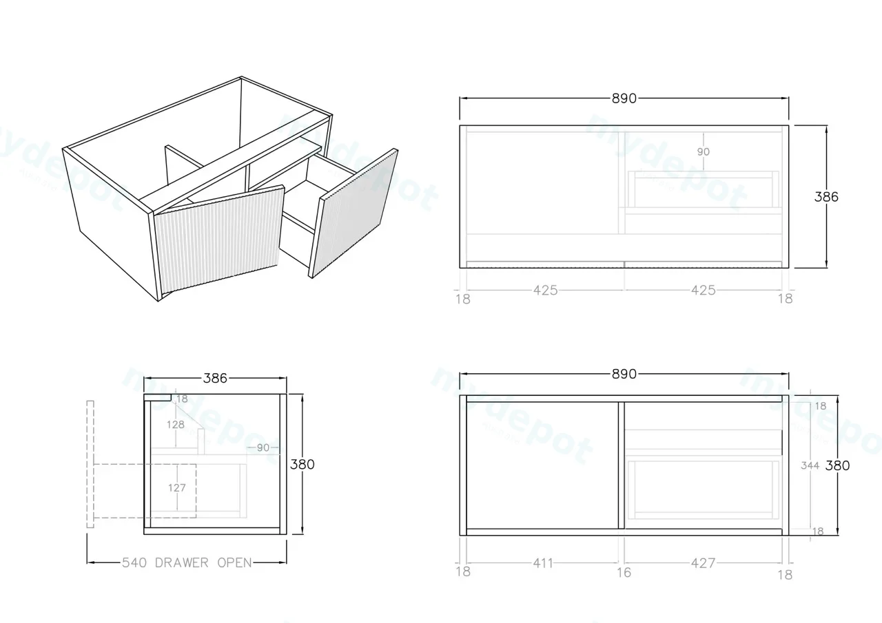 Kiama Slim 900mm Coastal Oak One Right Drawer One Left Door Narrow Wall Hung Vanity Cabinet Only view 5