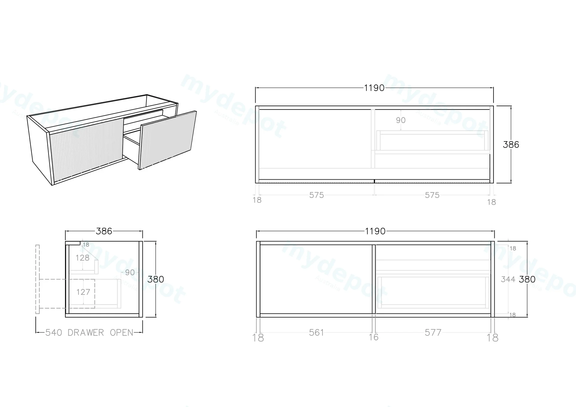 Kiama Slim 1200mm Coastal Oak One Right Drawer One Left Door Narrow Wall Hung Vanity Cabinet Only view 3