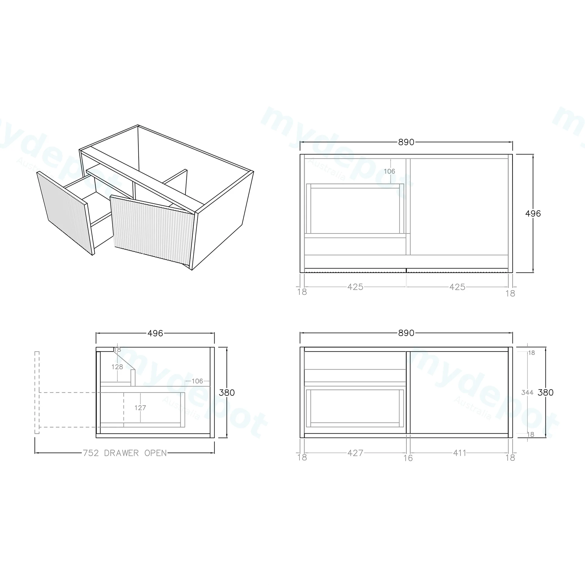 Kiama 900mm Bottega Oak One Left Drawer One Right Door Wall Hung Vanity Cabinet Only view 3