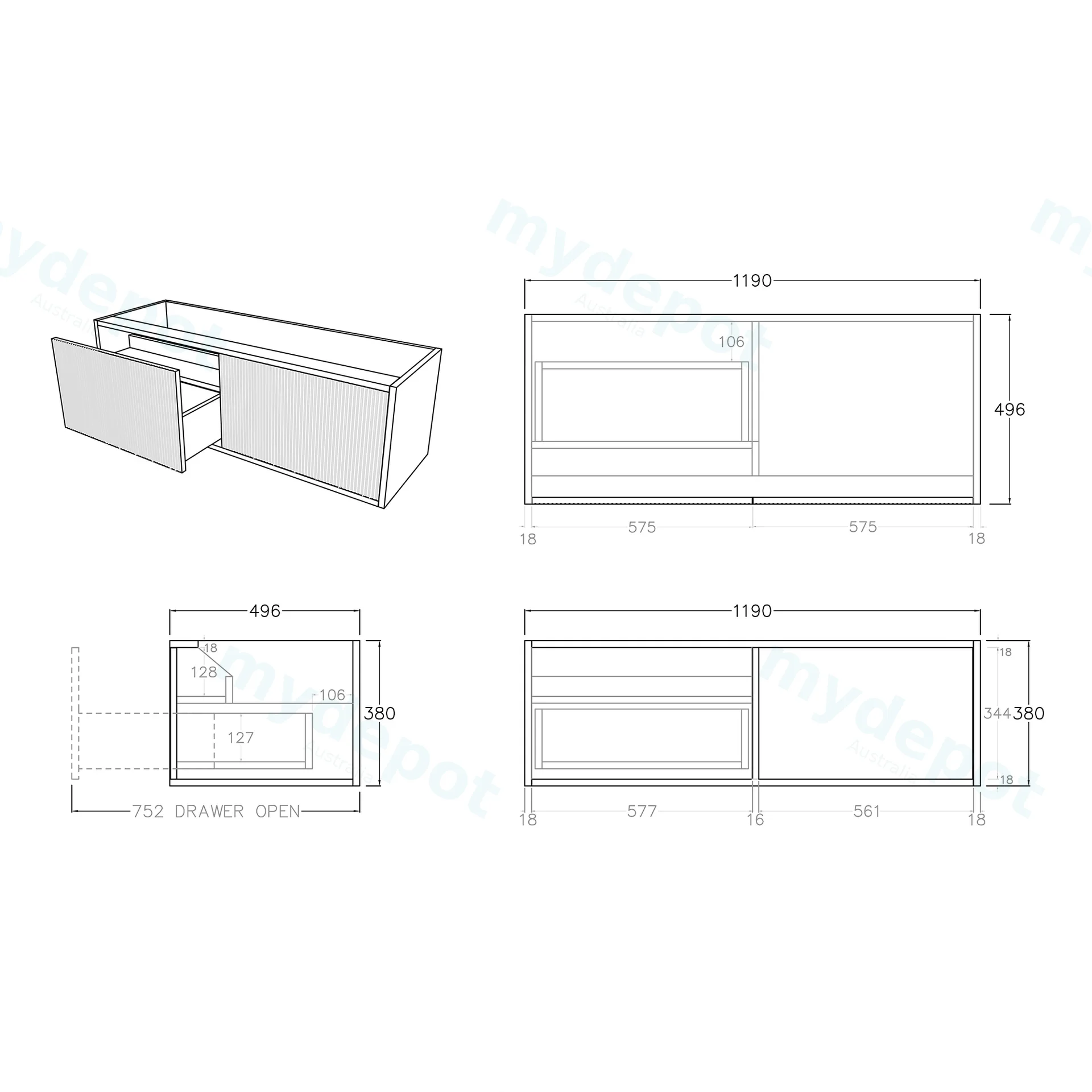 Kiama 1200mm Bottega Oak One Left Drawer One Right Door Wall Hung Vanity Cabinet Only view 3