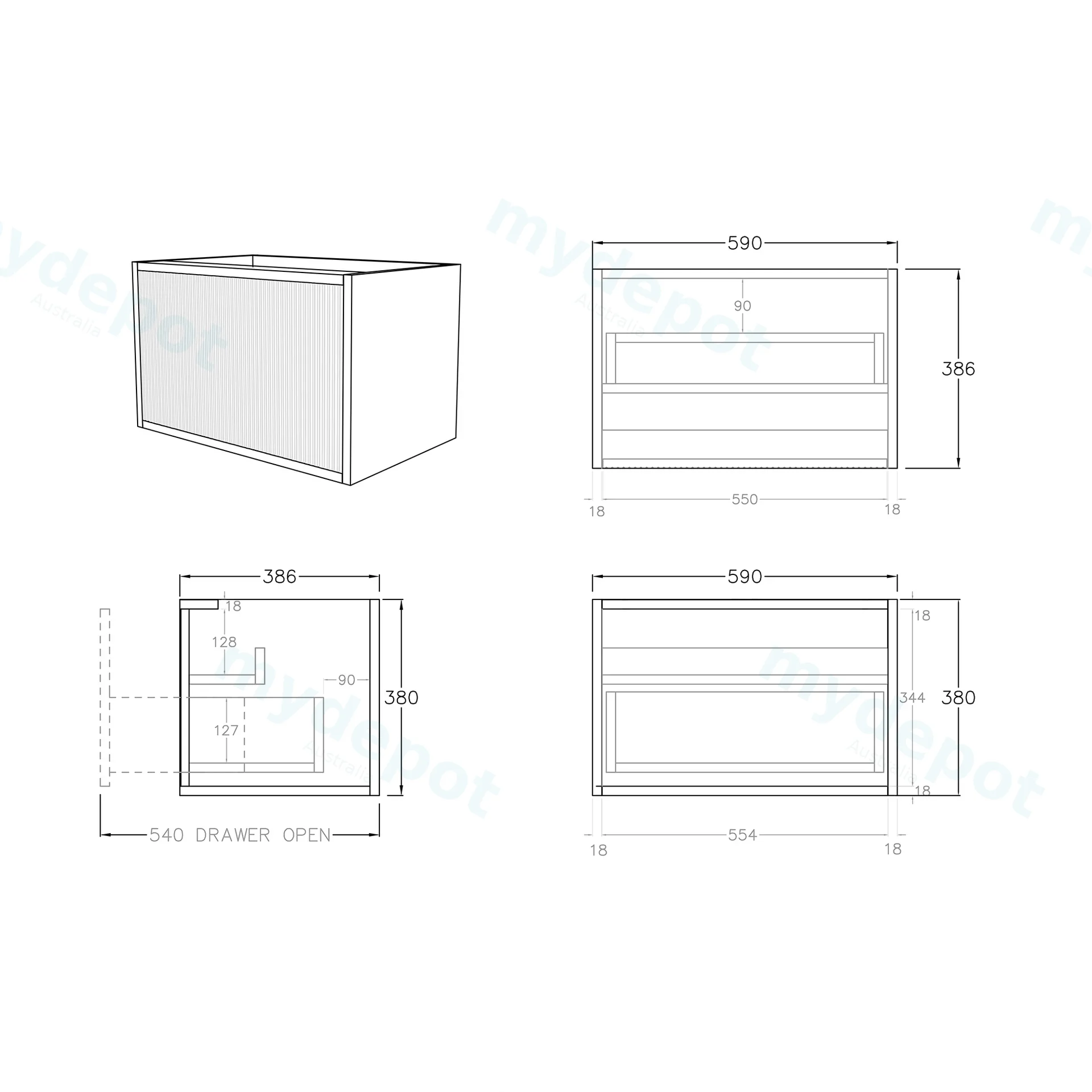 Kiama Slim 600mm Bottega Oak One Drawer Narrow Wall Hung Vanity Cabinet Only view 3