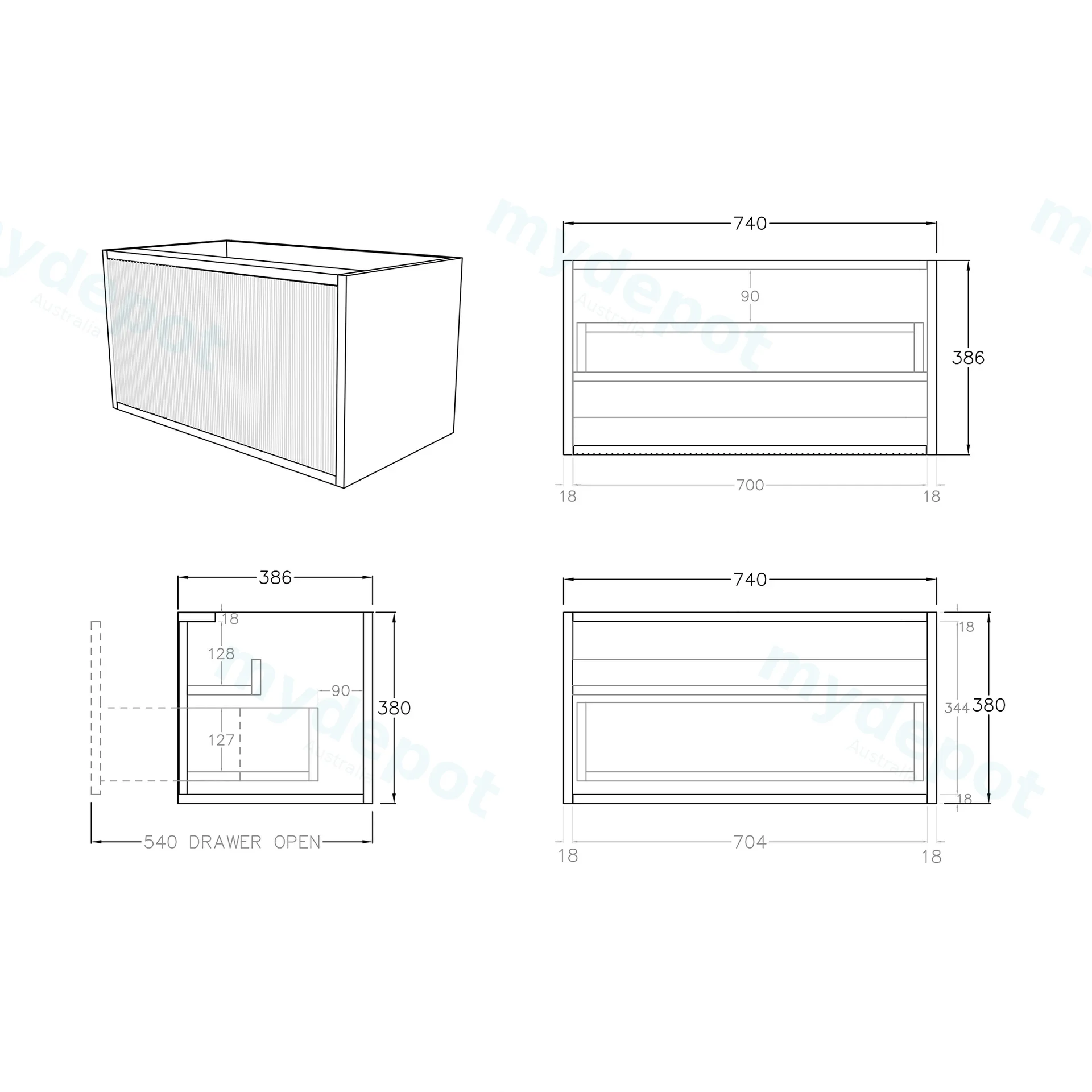 Kiama Slim 750mm Bottega Oak One Drawer Narrow Wall Hung Vanity Cabinet Only view 3