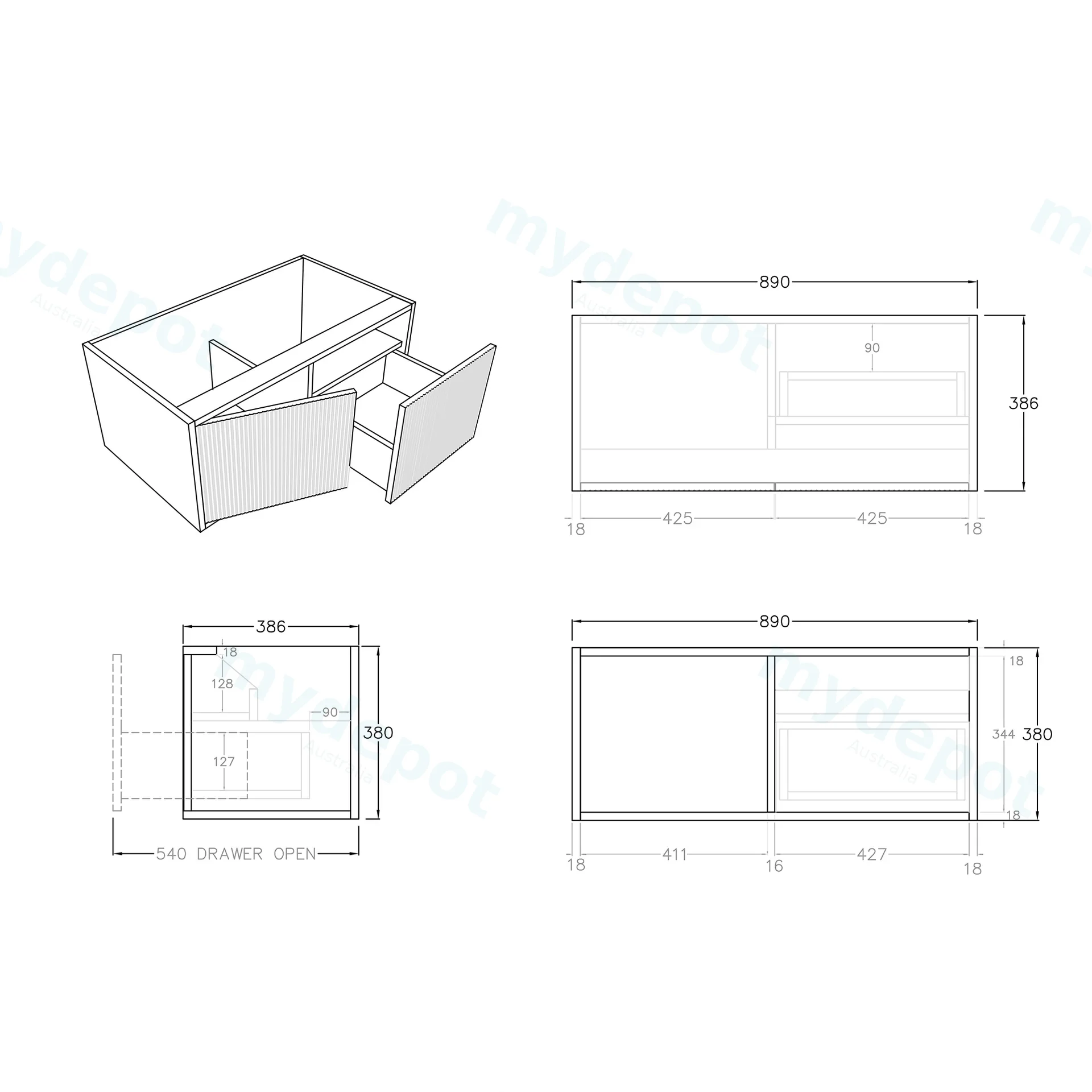 Kiama Slim 900mm Bottega Oak One Right Drawer One Left Door Narrow Wall Hung Vanity Cabinet Only view 3