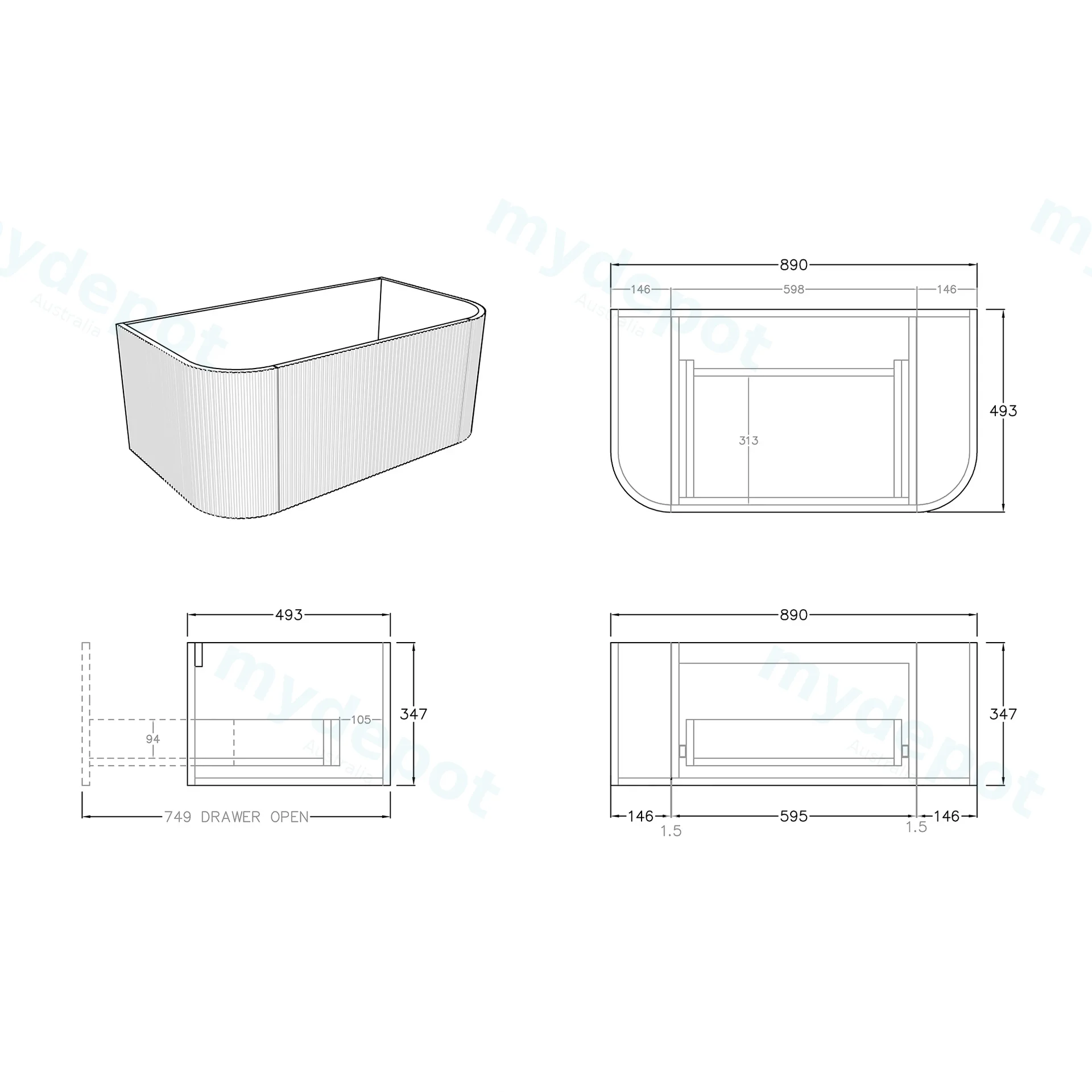 Kiama 900mm Matte Black One Drawer Curved Wall Hung Vanity Cabinet Only Only view 3