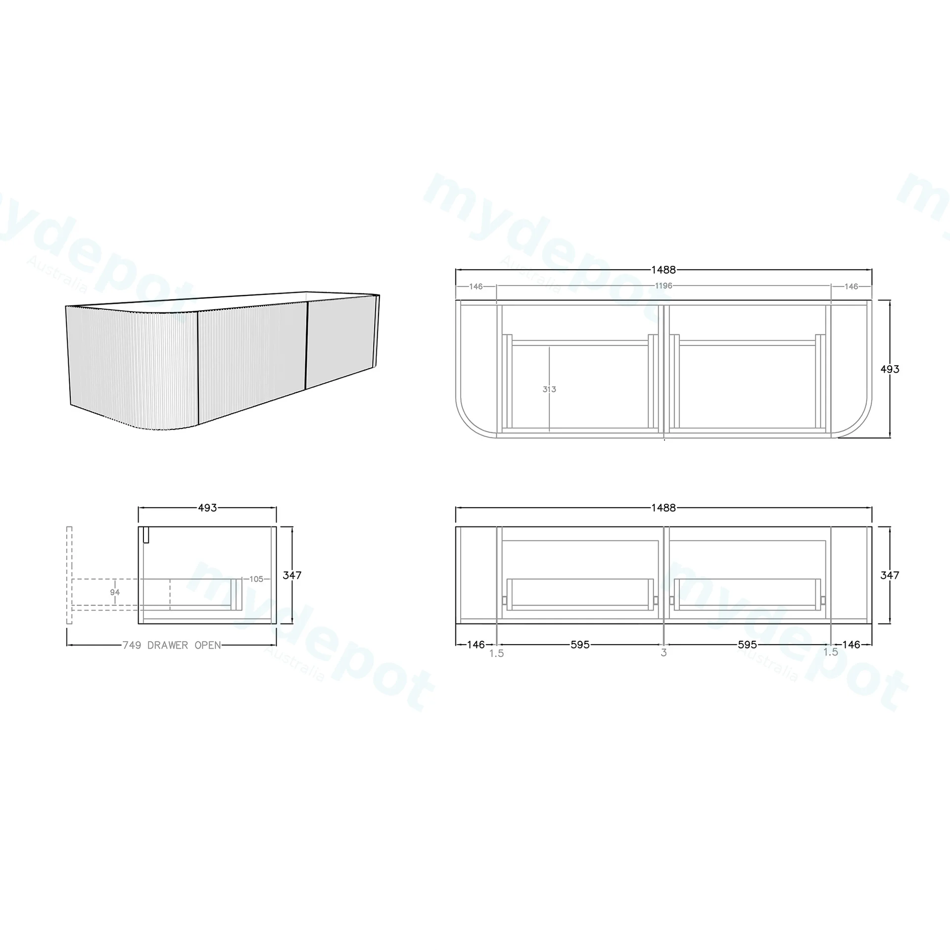 1500mm Kiama Matte Black Two Drawers Curved Wall Hung Vanity Cabinet Only view 3
