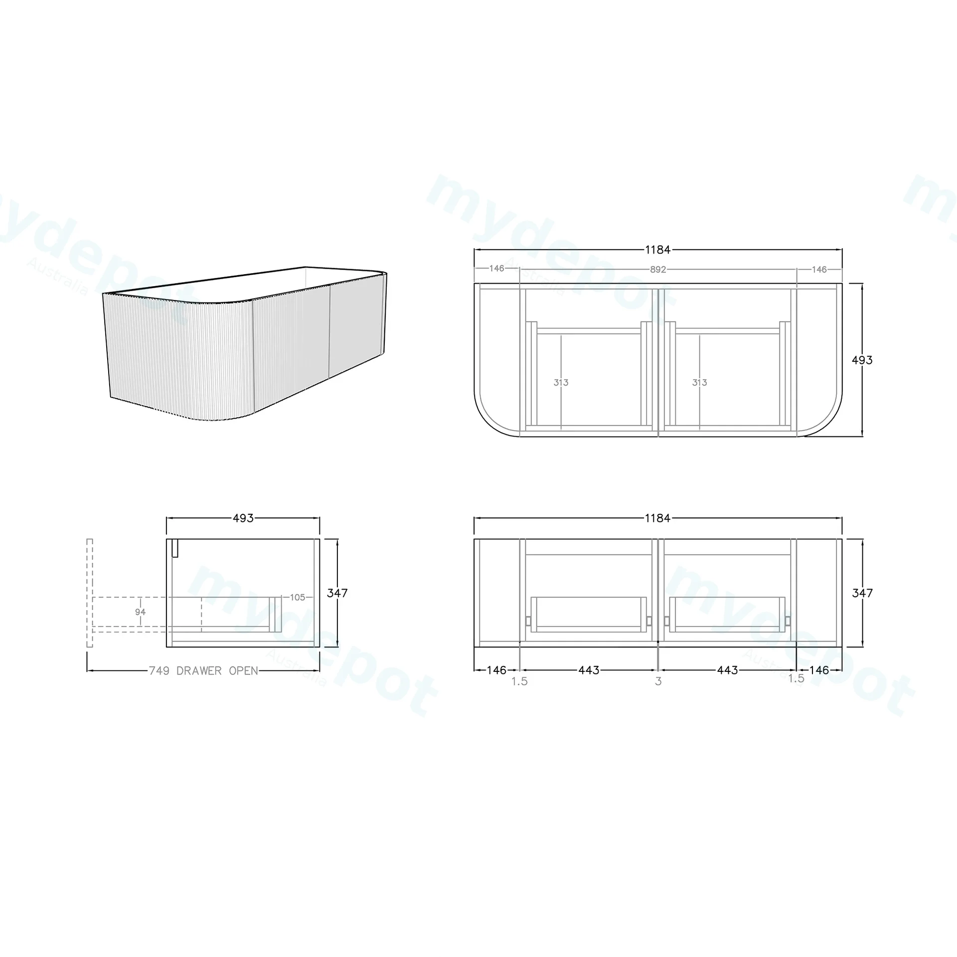 Kiama 1200mm White Oak Two Drawers Curved Wall Hung Vanity Cabinet Only view 3