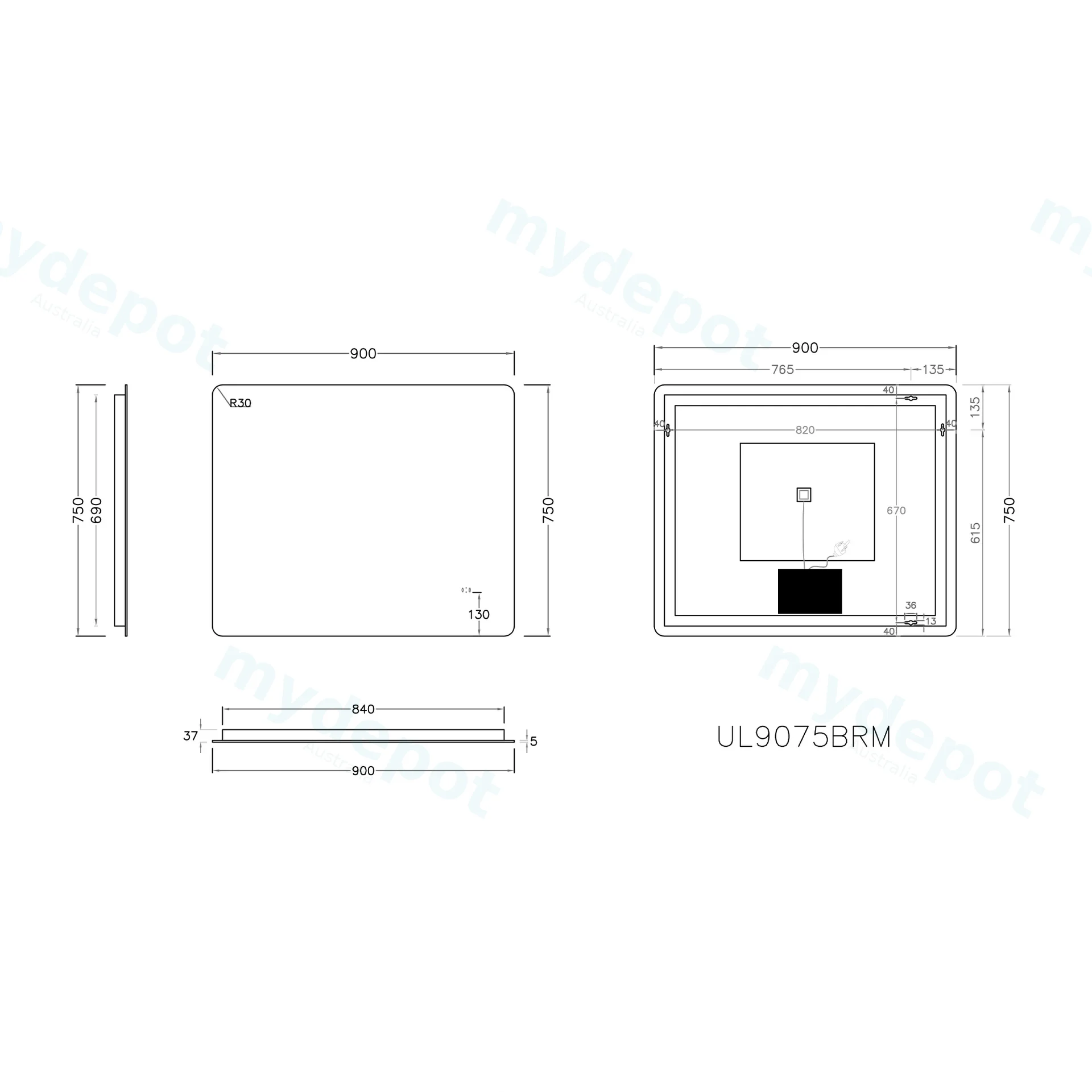 900×750mm Curved Rim Rectangle 3 Color Backlit LED Mirror With Touchless Sensor Switch view 2