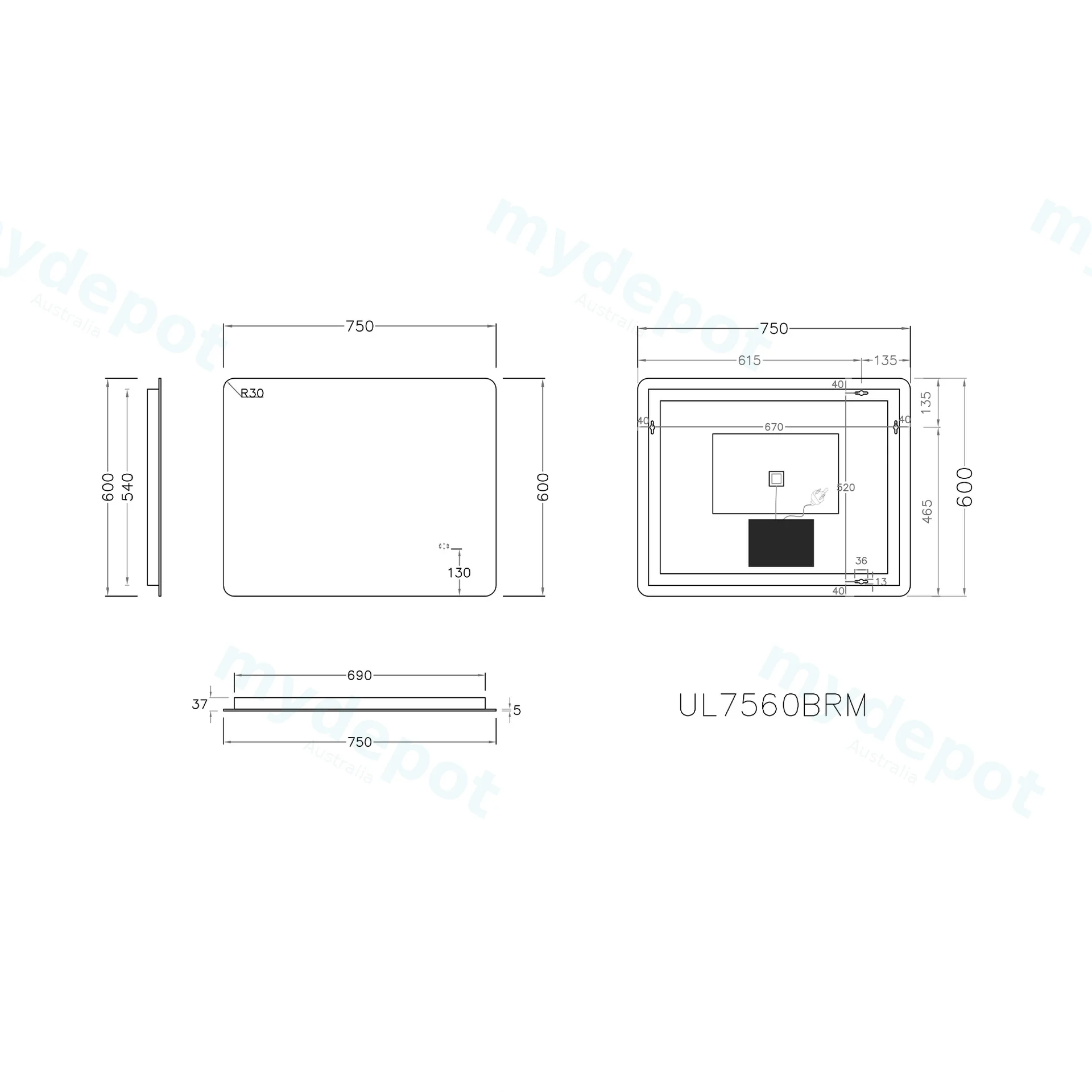 750x600mm Curved Rim Rectangle 3 Color Backlit LED Mirror With Touchless Sensor Switch view 2
