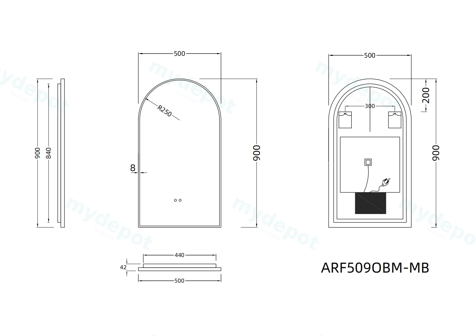500x900mm Matte Black Framed Arch 3 Color Backlit LED Mirror With Touchless Sensor Switch view 2