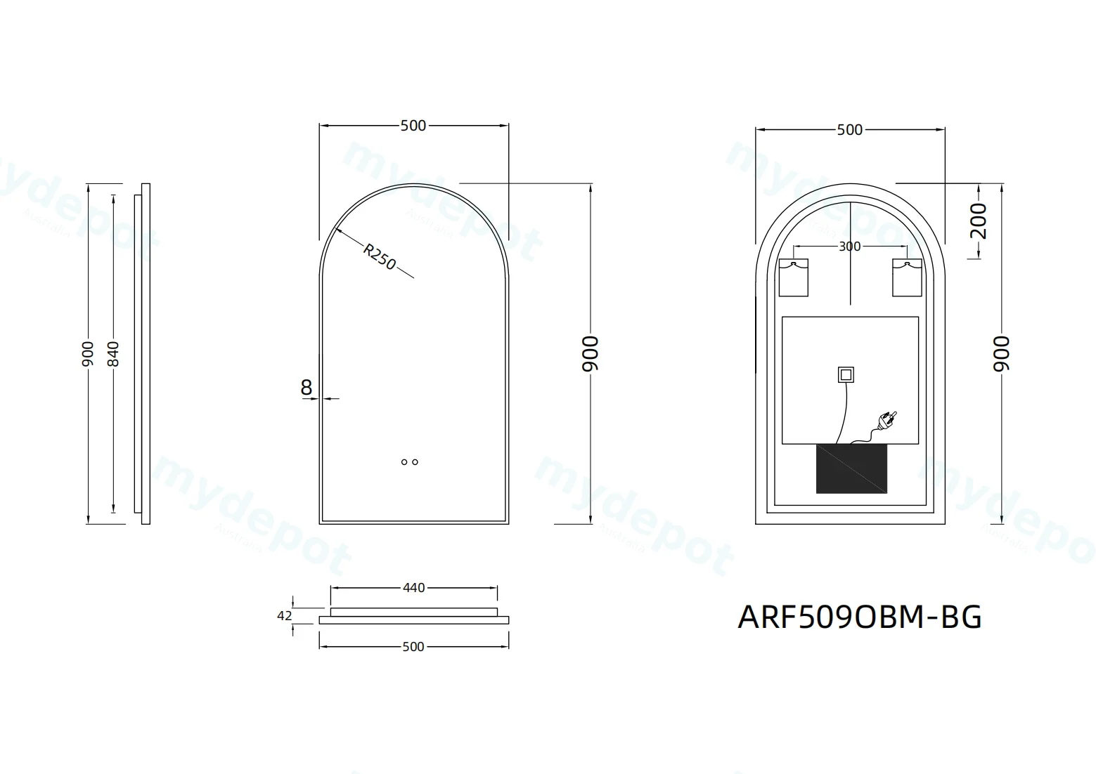 500x900mm Brushed Gold Framed Arch 3 Color Backlit LED Mirror With Touchless Sensor Switch view 2