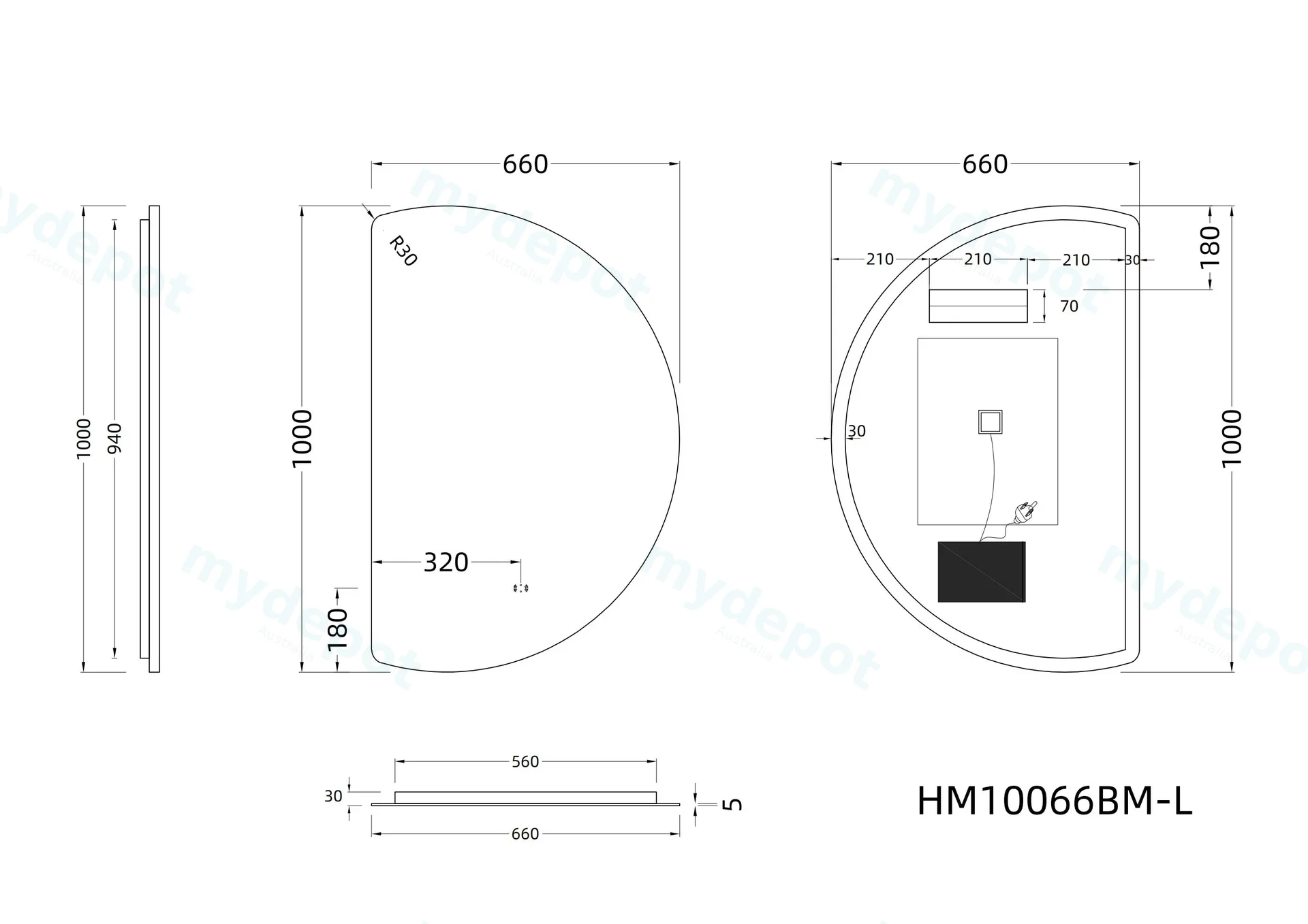 1000mm Half-Moon 3 Color Backlit LED Mirror With Touchless Sensor Switch Flat Left Side view 2