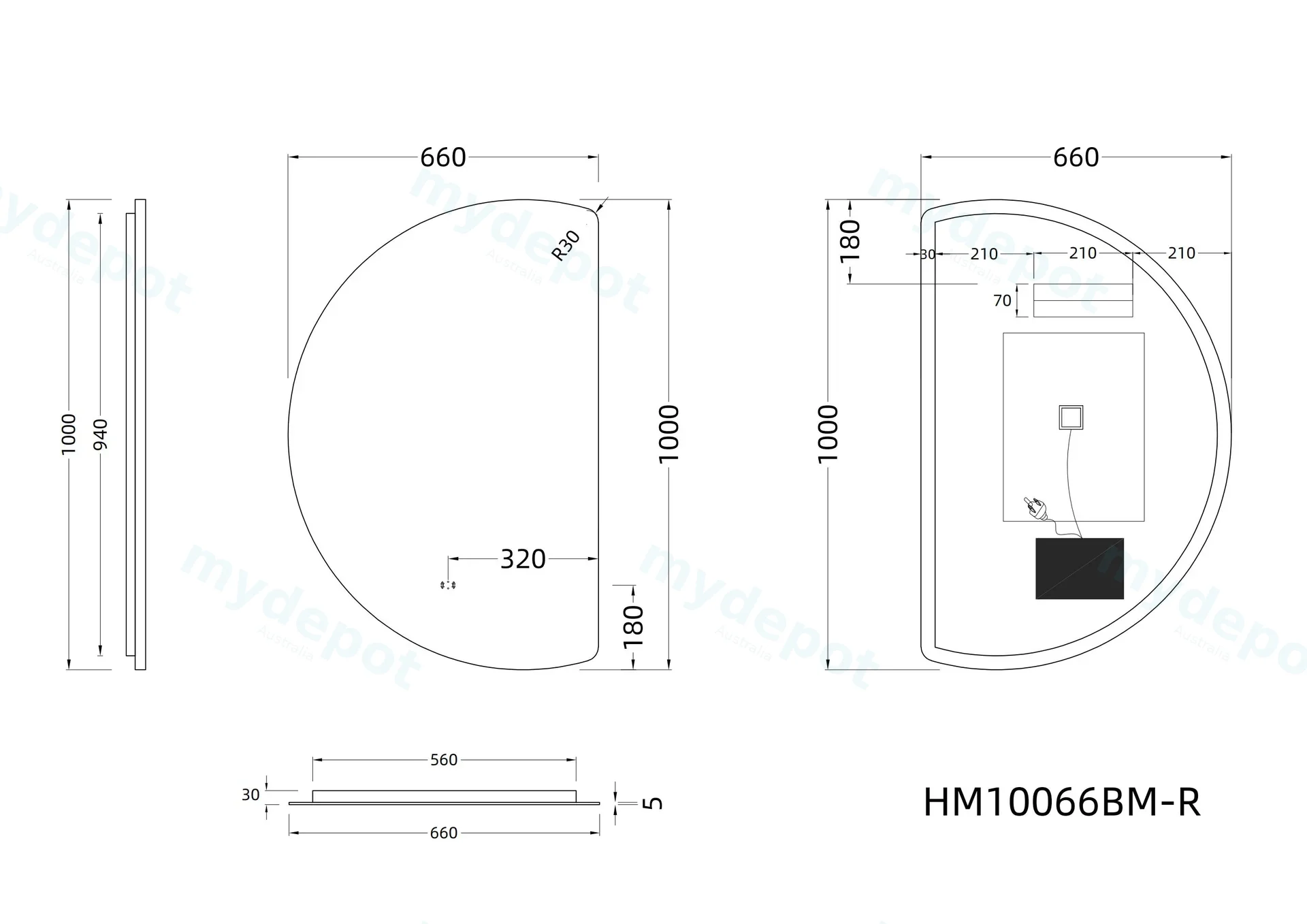 1000mm Half-Moon 3 Color Backlit LED Mirror with Touchless Sensor Switch Flat Right Side view 2