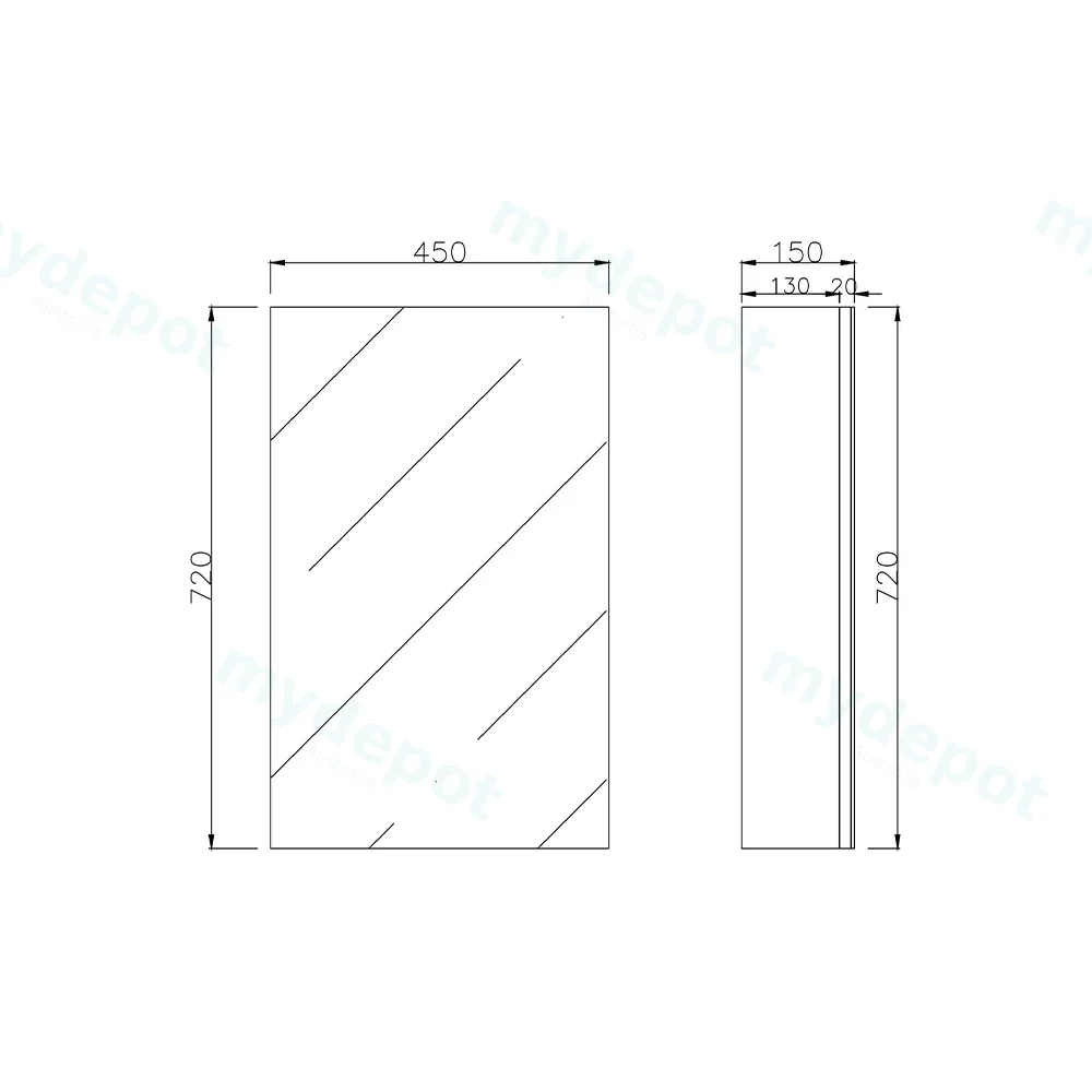 450mm Bathroom Shaving Cabinet PVC Gloss White 2PAC 1 Door Pencil Edge view 2