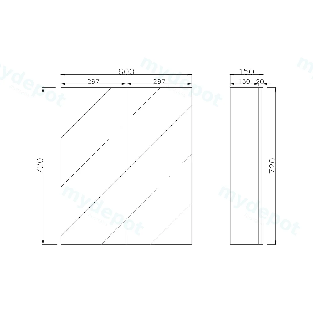 600mm Bathroom Shaving Cabinet PVC Gloss White 2PAC 2 Door Pencil Edge view 2