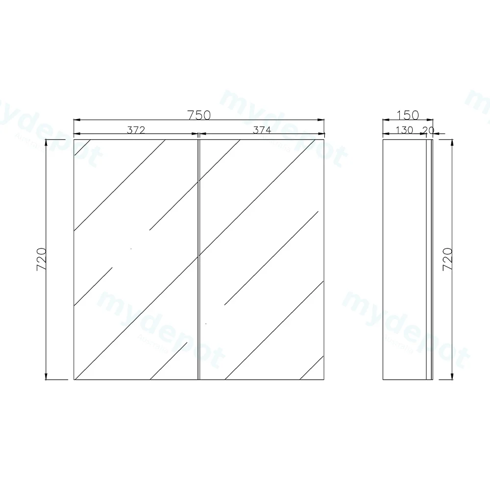 750mm Bathroom Shaving Cabinet PVC Gloss White 2PAC 2 Door Pencil Edge view 2