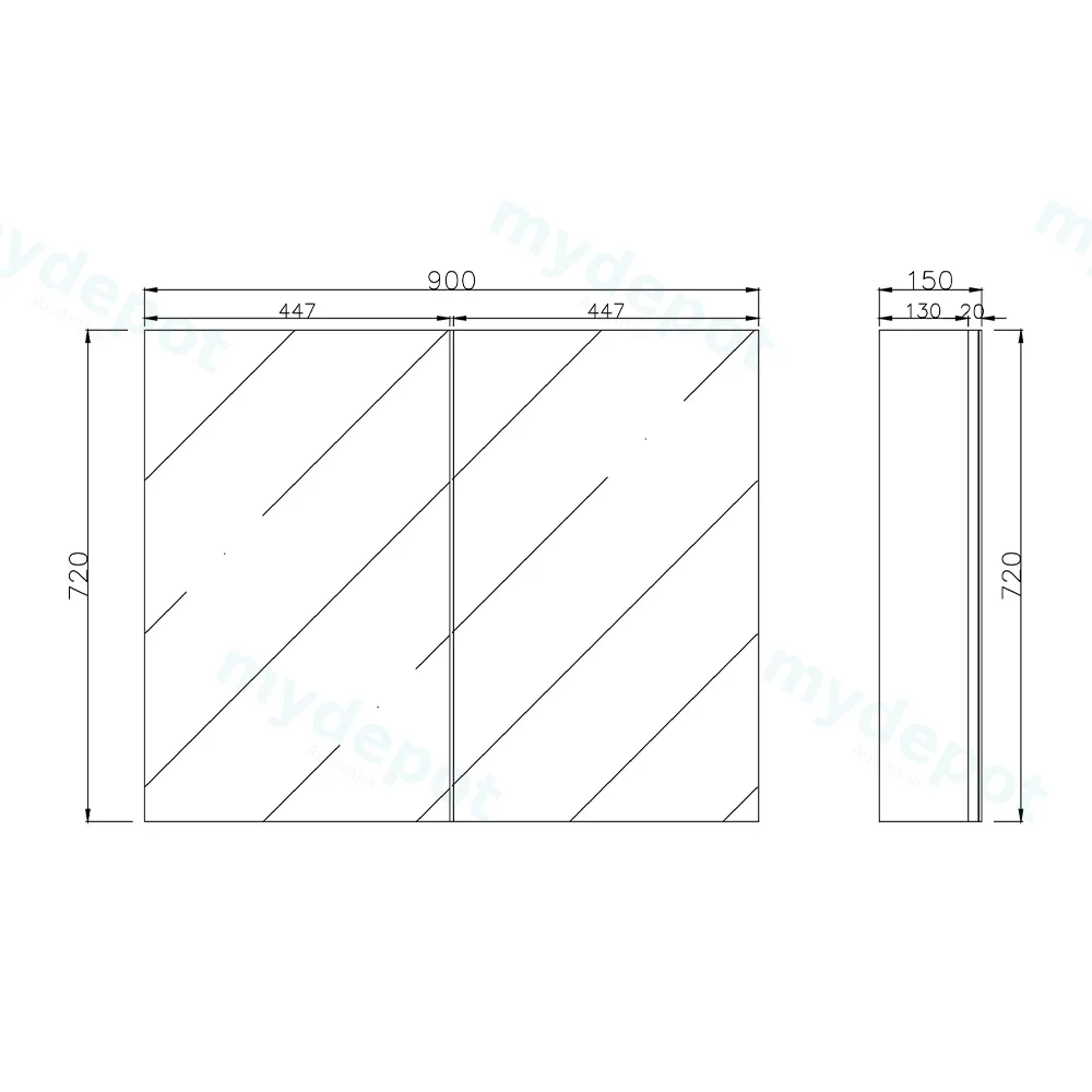900mm Bathroom Shaving Cabinet PVC Gloss White 2PAC 2 Door Pencil Edge view 2