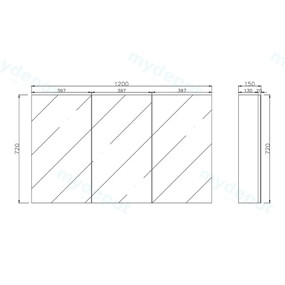 1200mm Bathroom Shaving Cabinet PVC Gloss White 2PAC 3 Door Pencil Edge view 2