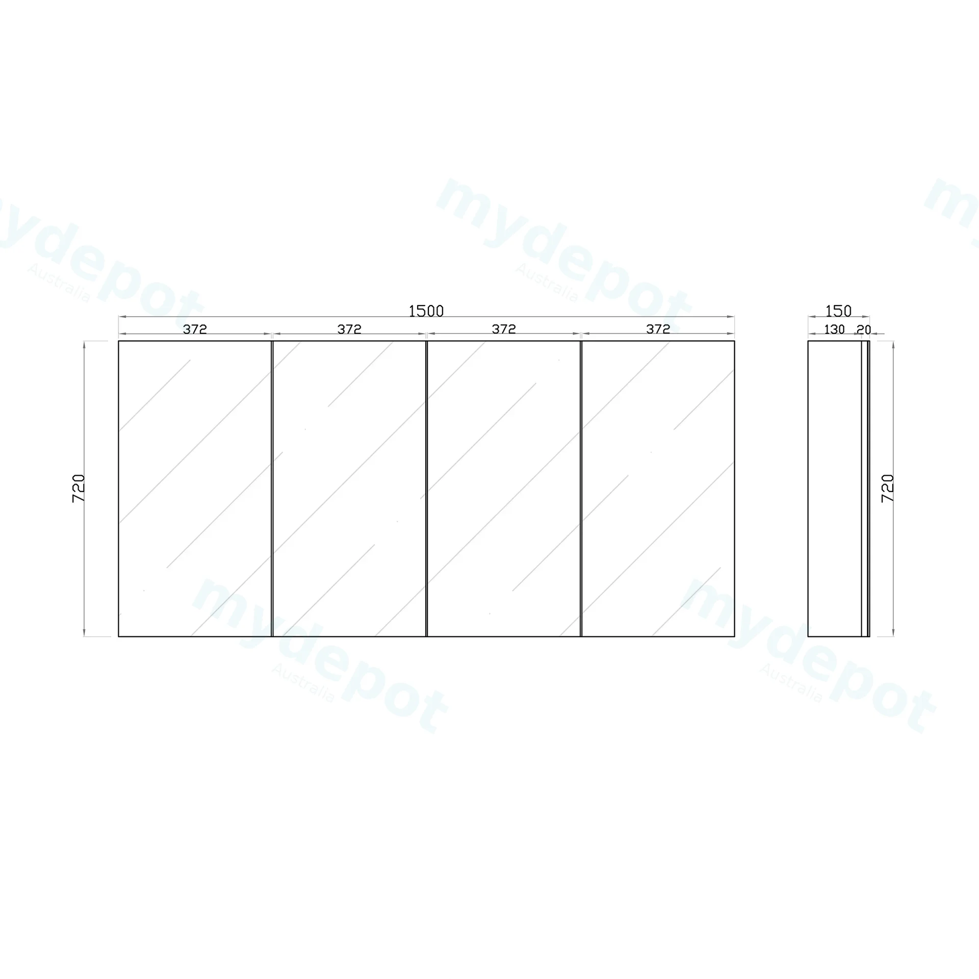 1500mm Bathroom Shaving Cabinet PVC Gloss White 2PAC 4 Door Pencil Edge view 2