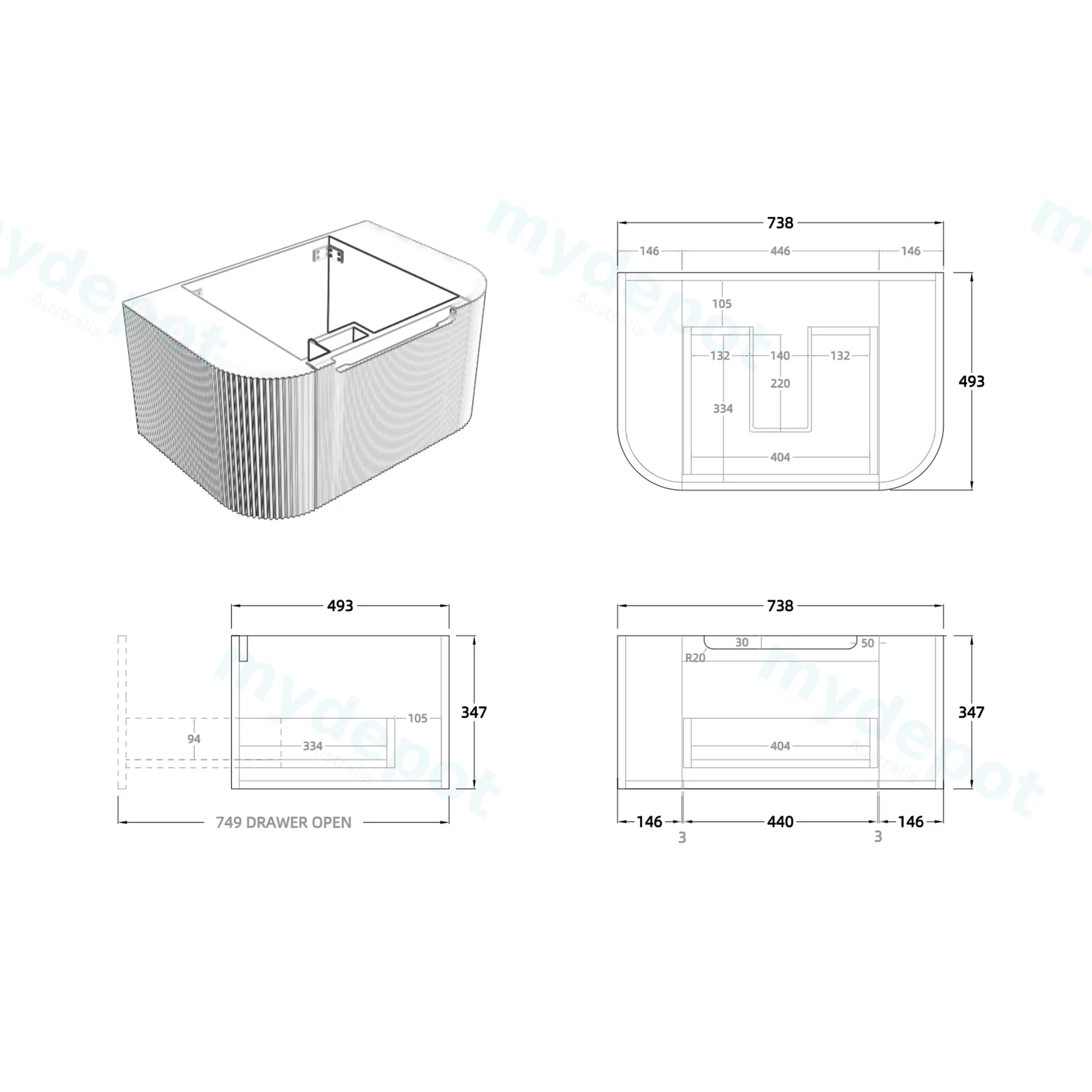 750mm Matte White PVC One Drawer Curved Wall Hung Vanity Cabinet Only view 2