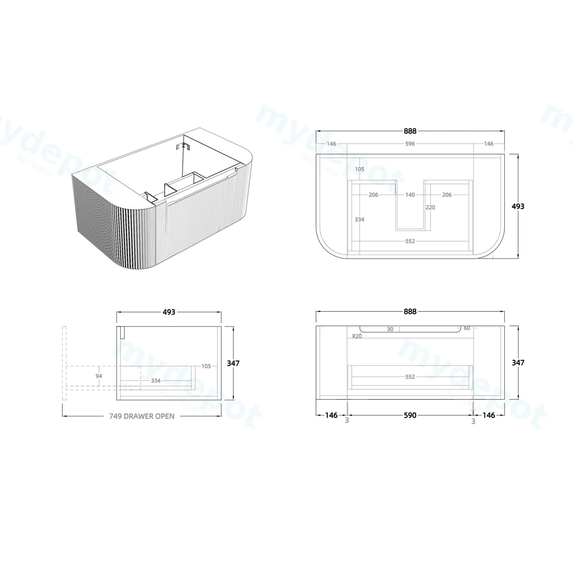 900mm Matte White PVC One Drawer Curved Wall Hung Vanity Cabinet Only view 2